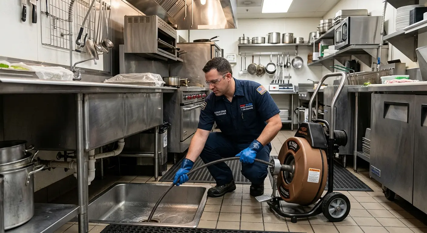 Commercial drain cleaning service in a restaurant kitchen in Englewood