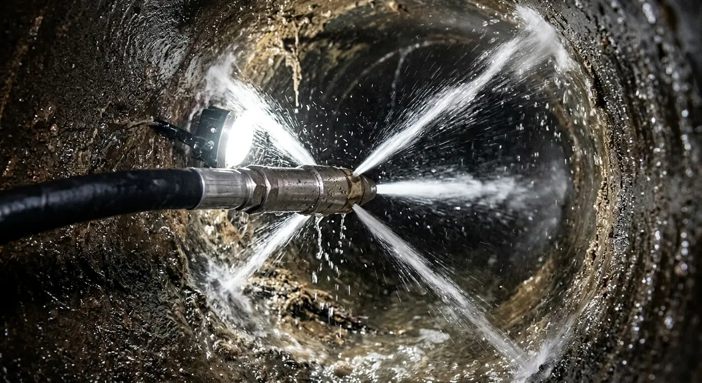 High-pressure hydro jetting nozzle cleaning sewer pipe for Sewer Cleanout in Englewood