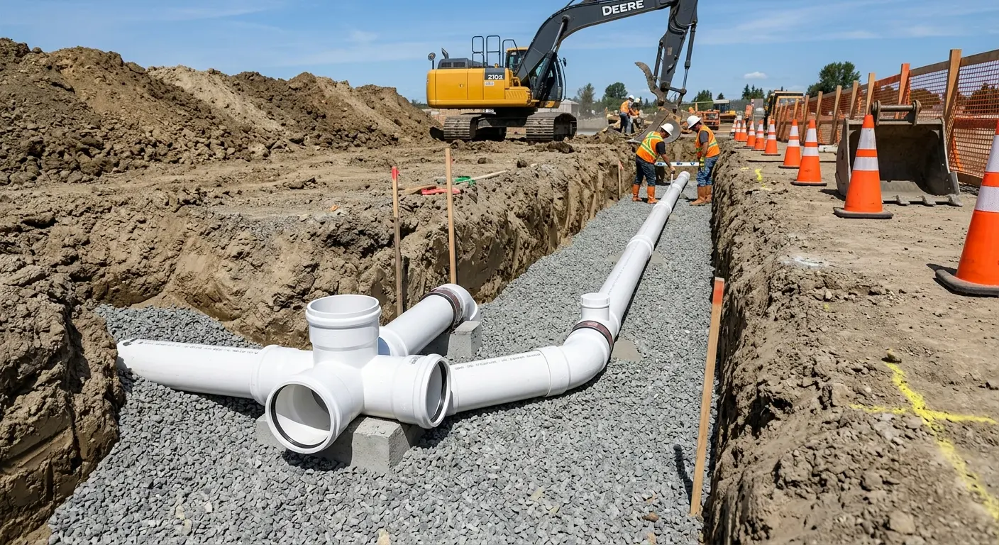 New PVC sewer pipe installation in open trench for Commercial Drain Cleaning in Englewood