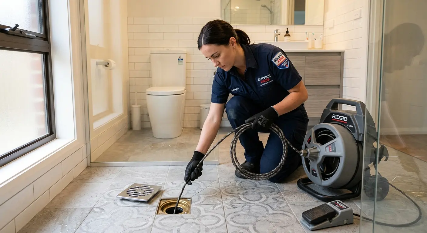 Technician clearing a bathroom floor drain for Clogged Drain Repair in Englewood